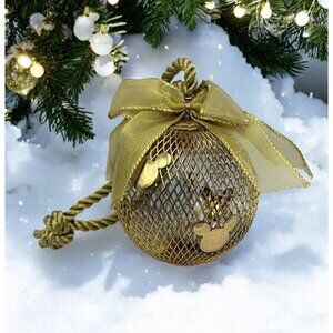 Disney Mickey Mouse Ears Christmas Ornament Gold Tone Mesh Silhouette With Bow